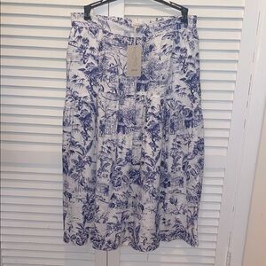 Joie Blue and White Midi A-Line 100% linen Skirt XL/side pockets